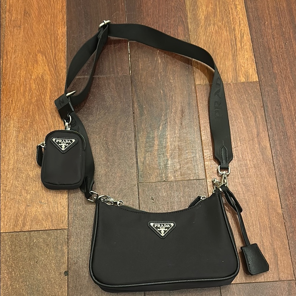 Black Prada crossbody with silver hardware